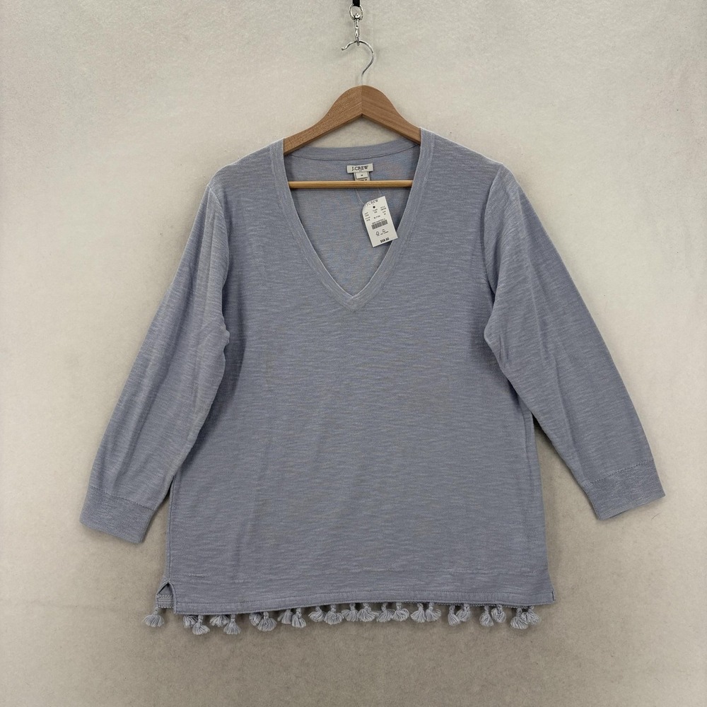 J.Crew Tassel Hem Sweater Womens Medium Blue V Neck 3/4 Sleeve Knit Preppy NWT